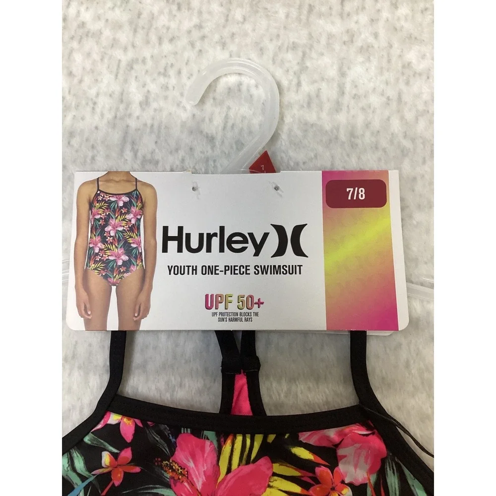 Hurley Girls Youth One-Piece Swimsuit Black Hyper Pink Floral UPF 50+‎ 7/8 NWT
